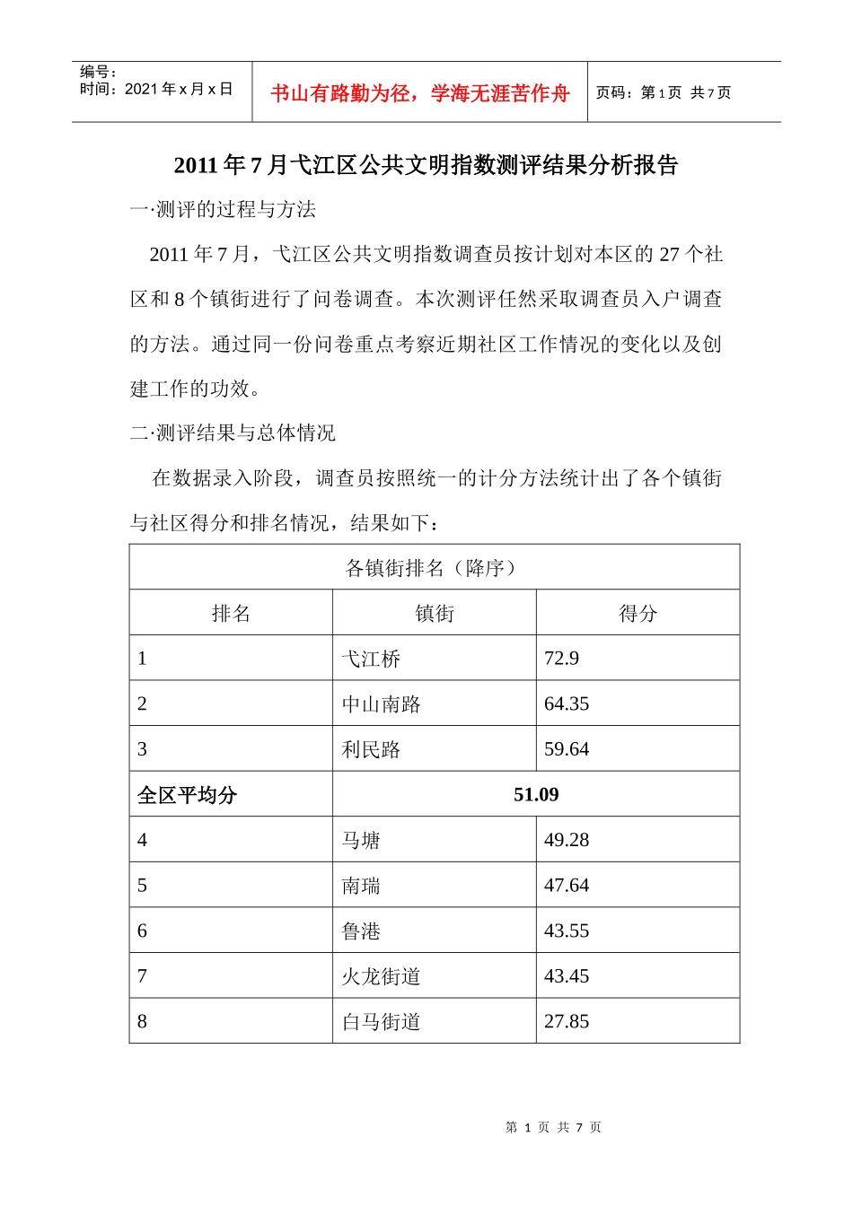 XXXX年7月弋江区公共文明指数测评结果分析报告_第1页