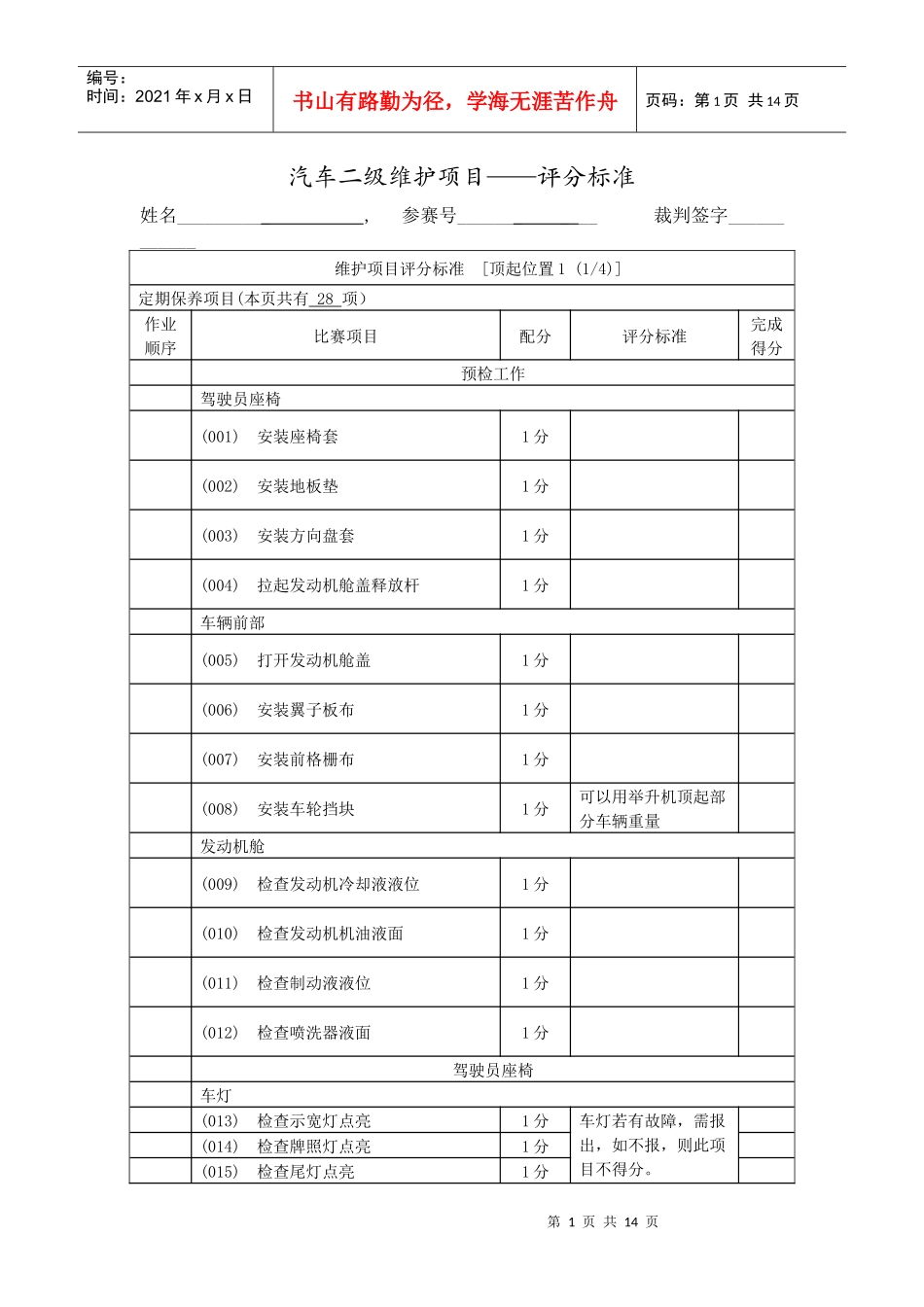 XXXX年汽车二级维护项目评分标准_第1页