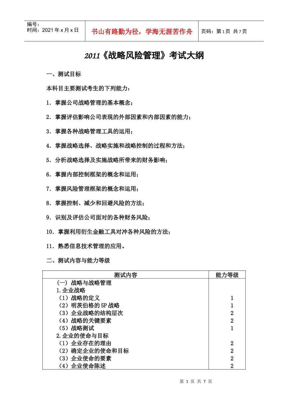 XXXX战略风险管理考试大纲_第1页