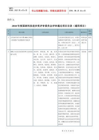 XXXX年度国家科技进步奖评审委员会评审通过项目目录（通用项