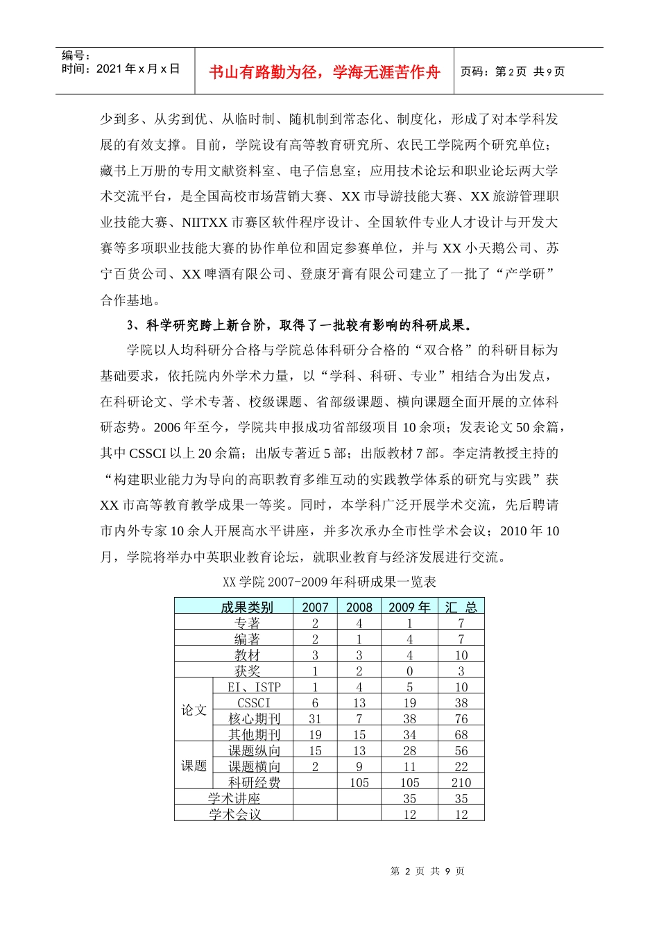 XX大学XX学院“十二五”学科建设与科学研究发展规划_第2页