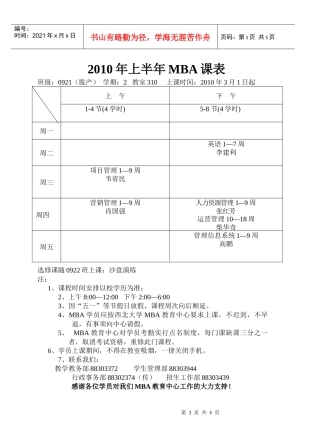 XXXX年上半年MBA课表