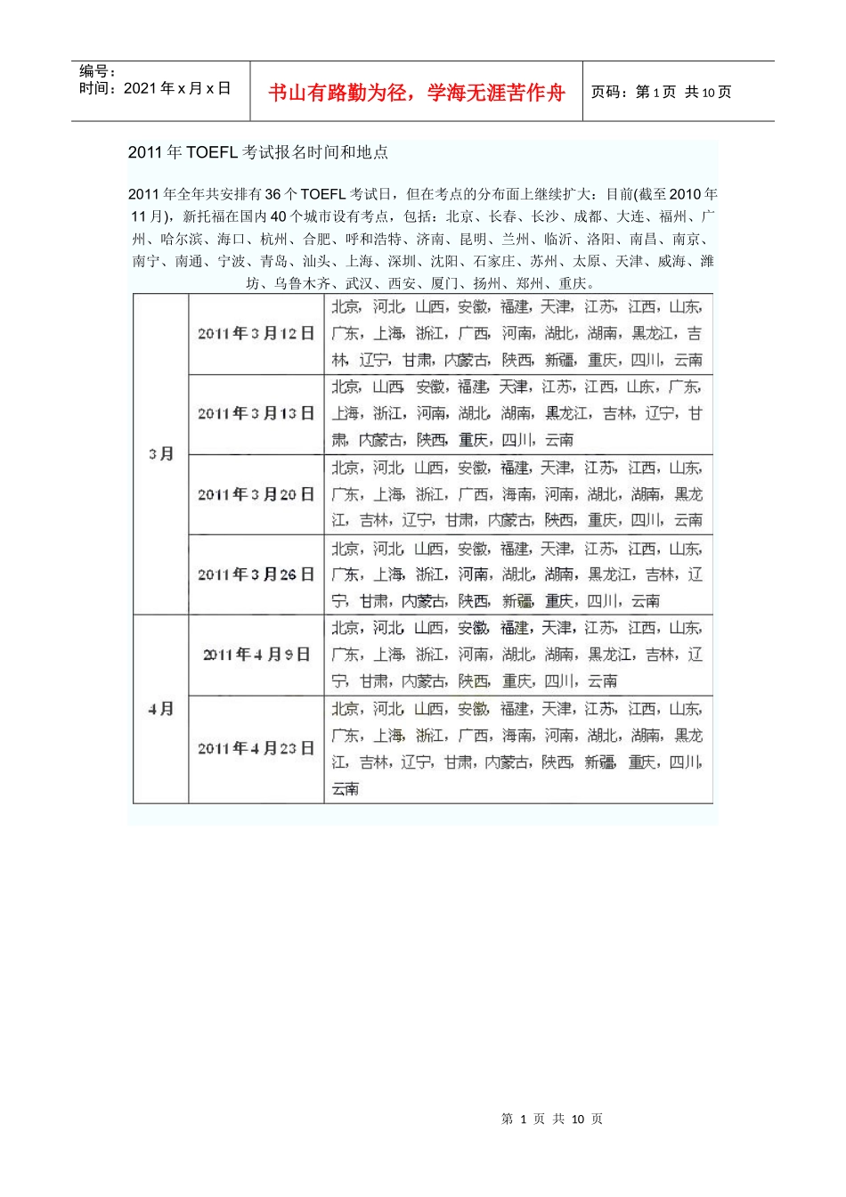 XXXX年TOEFL考试报名时间和地点_第1页