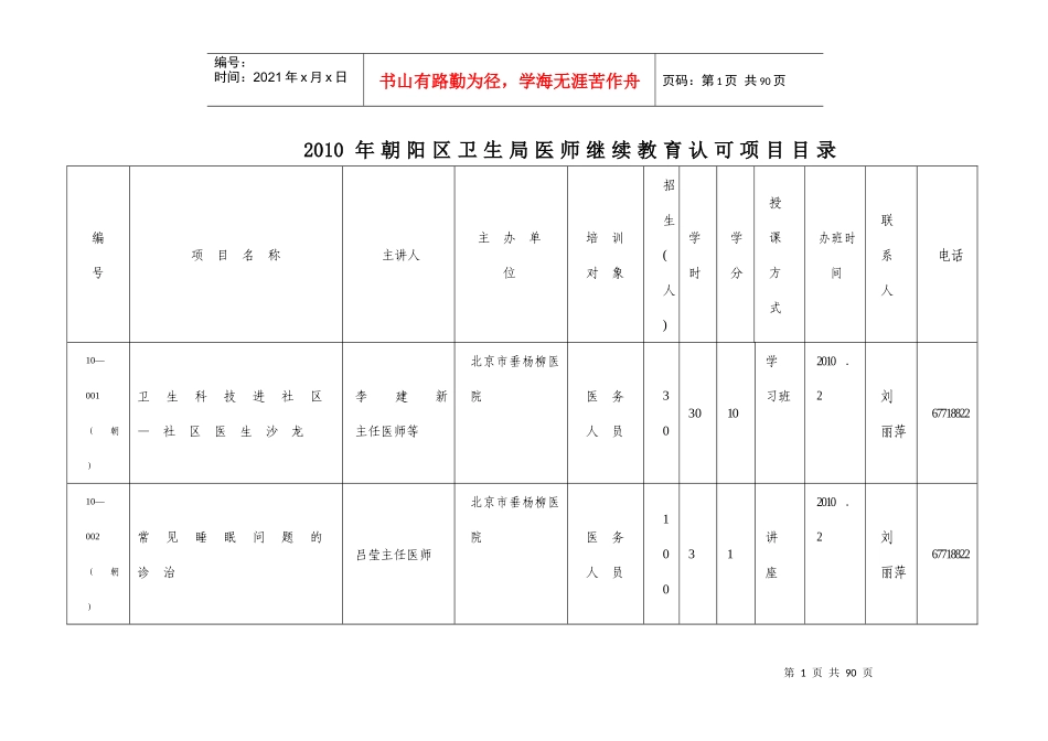 XXXX年朝阳区卫生局医师继续教育认可项目目录_第1页