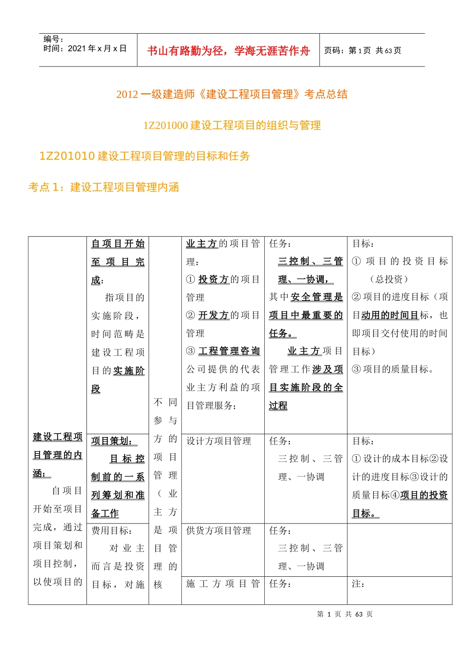 XXXX一级建造师《建设工程项目管理》肖国祥、顾永才总结1_第1页
