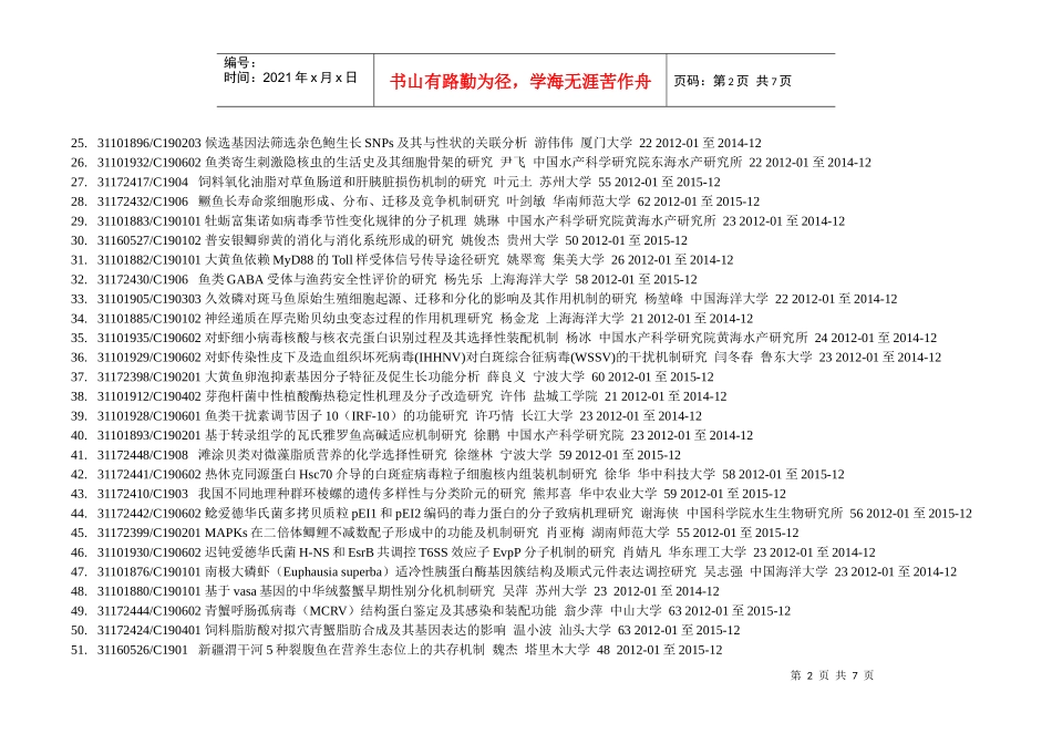 XXXX年获批的水产学科国家自然科学基金项目_第2页
