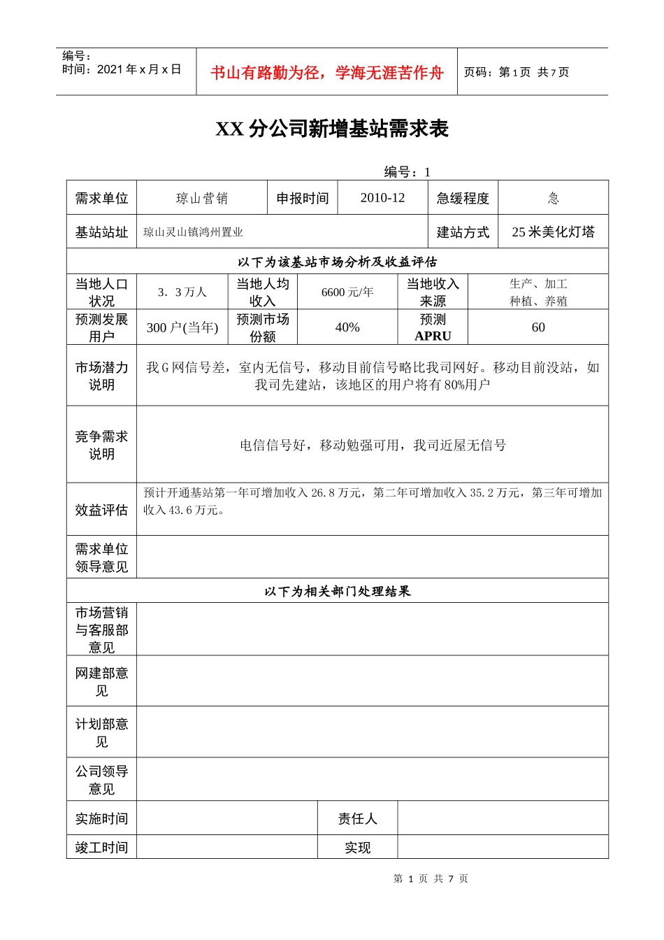XX分公司新增基站需求表--XXXX基站[2]_第1页