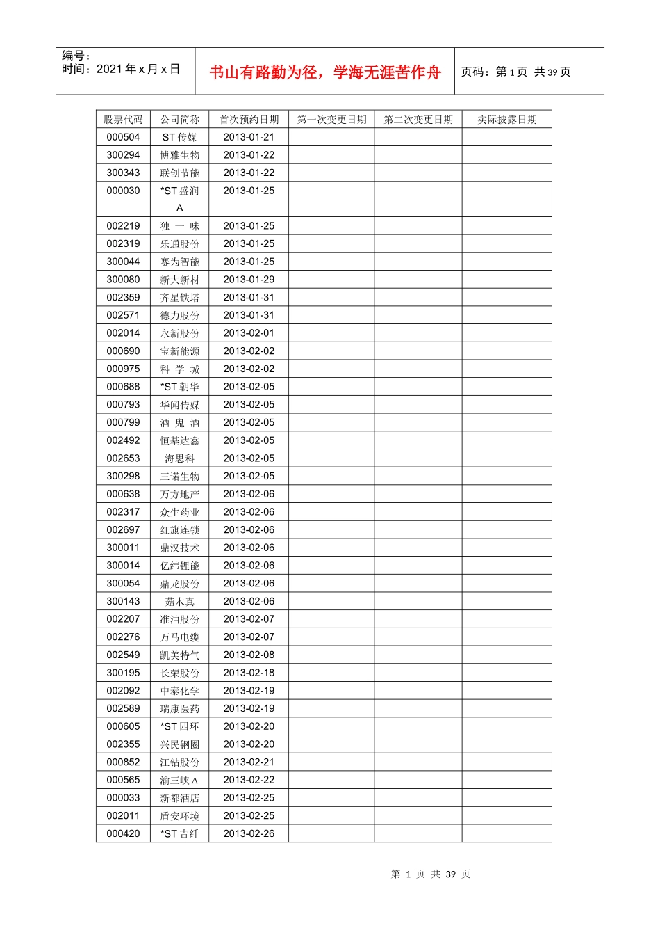 XXXX年深市年报披露预约时间表(按时间顺序)_第1页