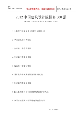 XXXX中国建筑设计院排名500强