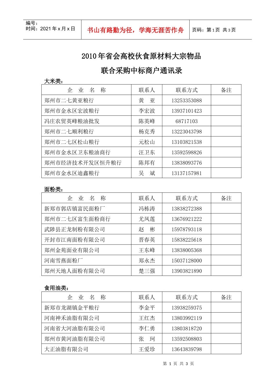 XXXX年省会高校伙食原材料大宗物品联合采购中标商户通讯录_第1页