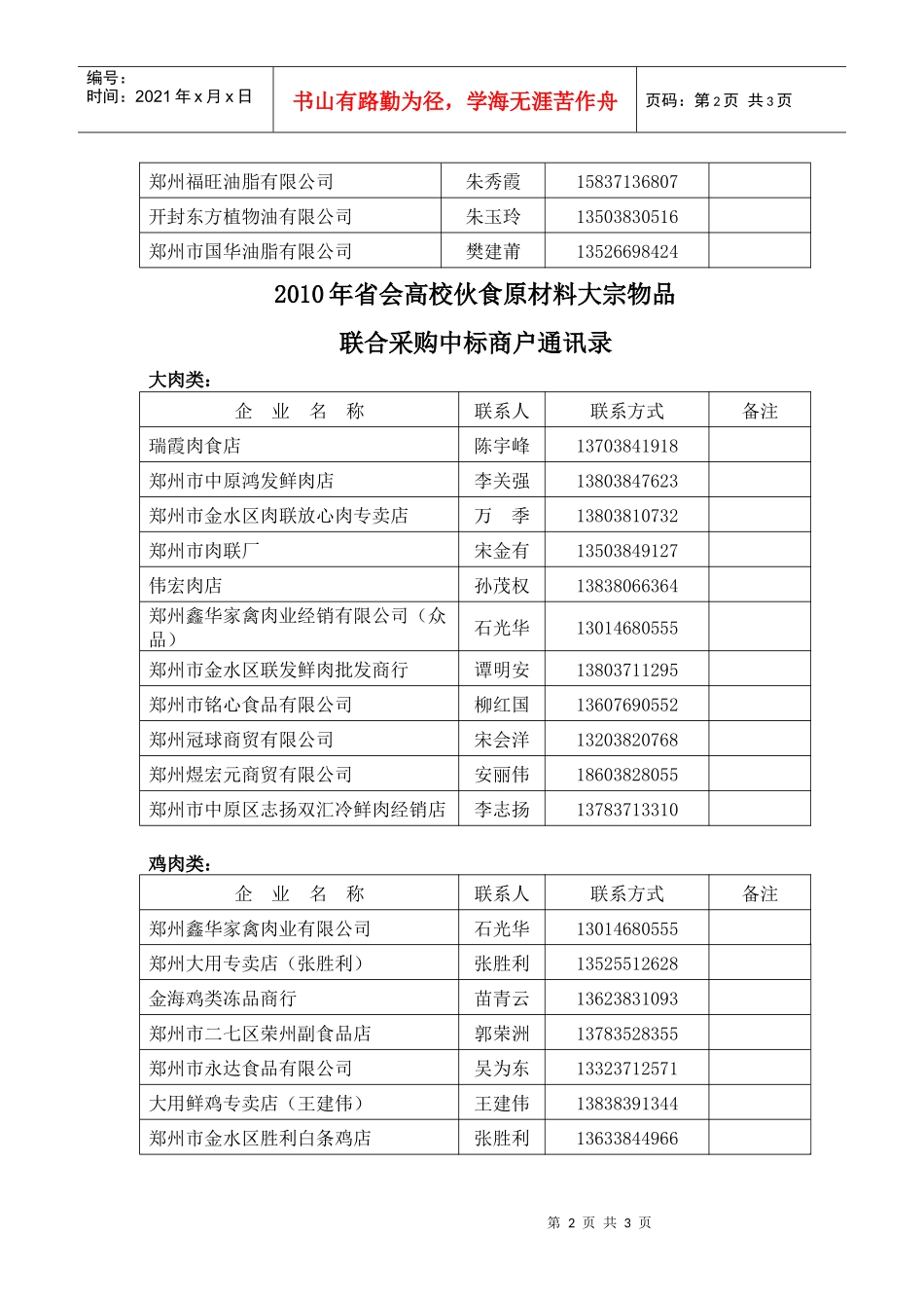 XXXX年省会高校伙食原材料大宗物品联合采购中标商户通讯录_第2页