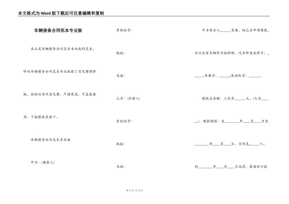 车辆借条合同范本专业版_第1页