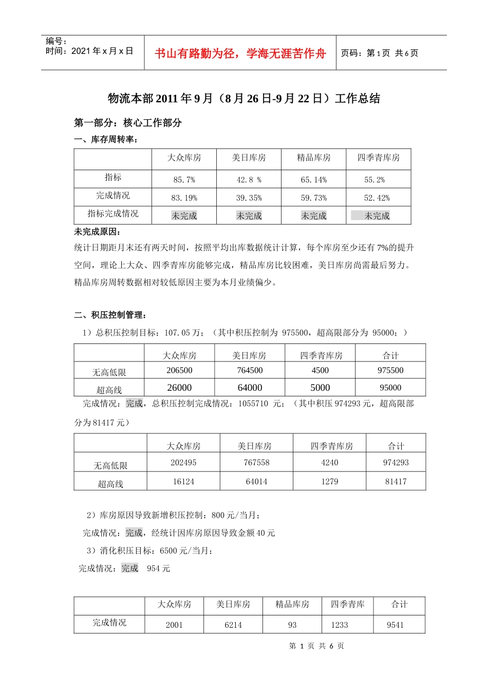 XXXX年9月物流本部工作总结_第1页