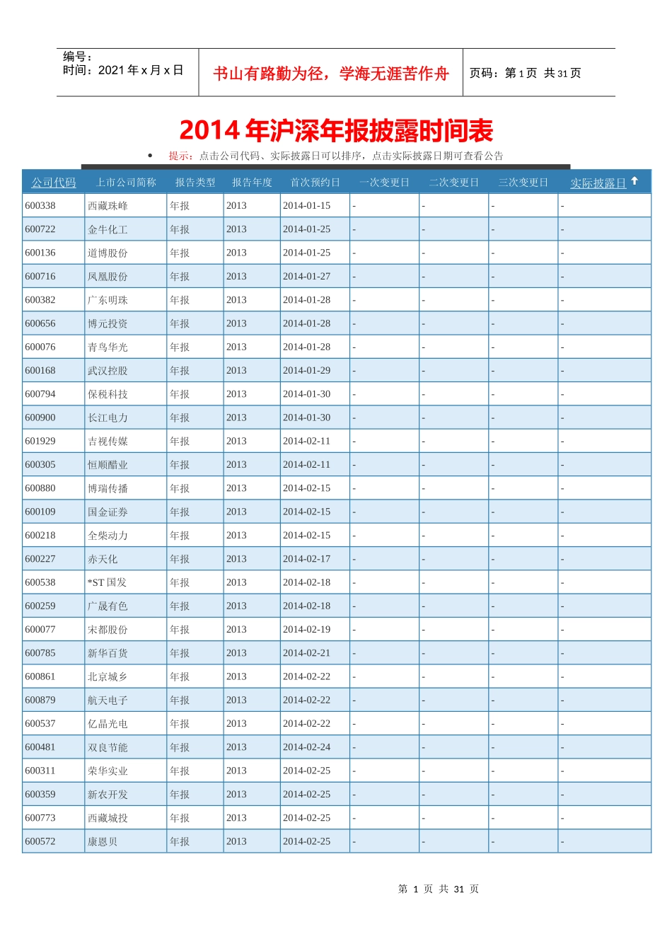 XXXX年沪深上市公司年报披露时间表_第1页