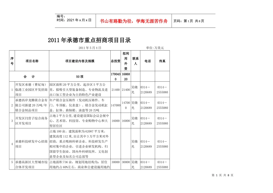 XXXX年承德市重点招商项目目录_第1页