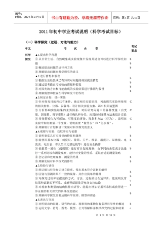 XXXX年初中学业考试说明(科学考试目标)