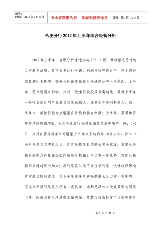 XXXX年某银行合肥分行上半年综合经营分析研究究