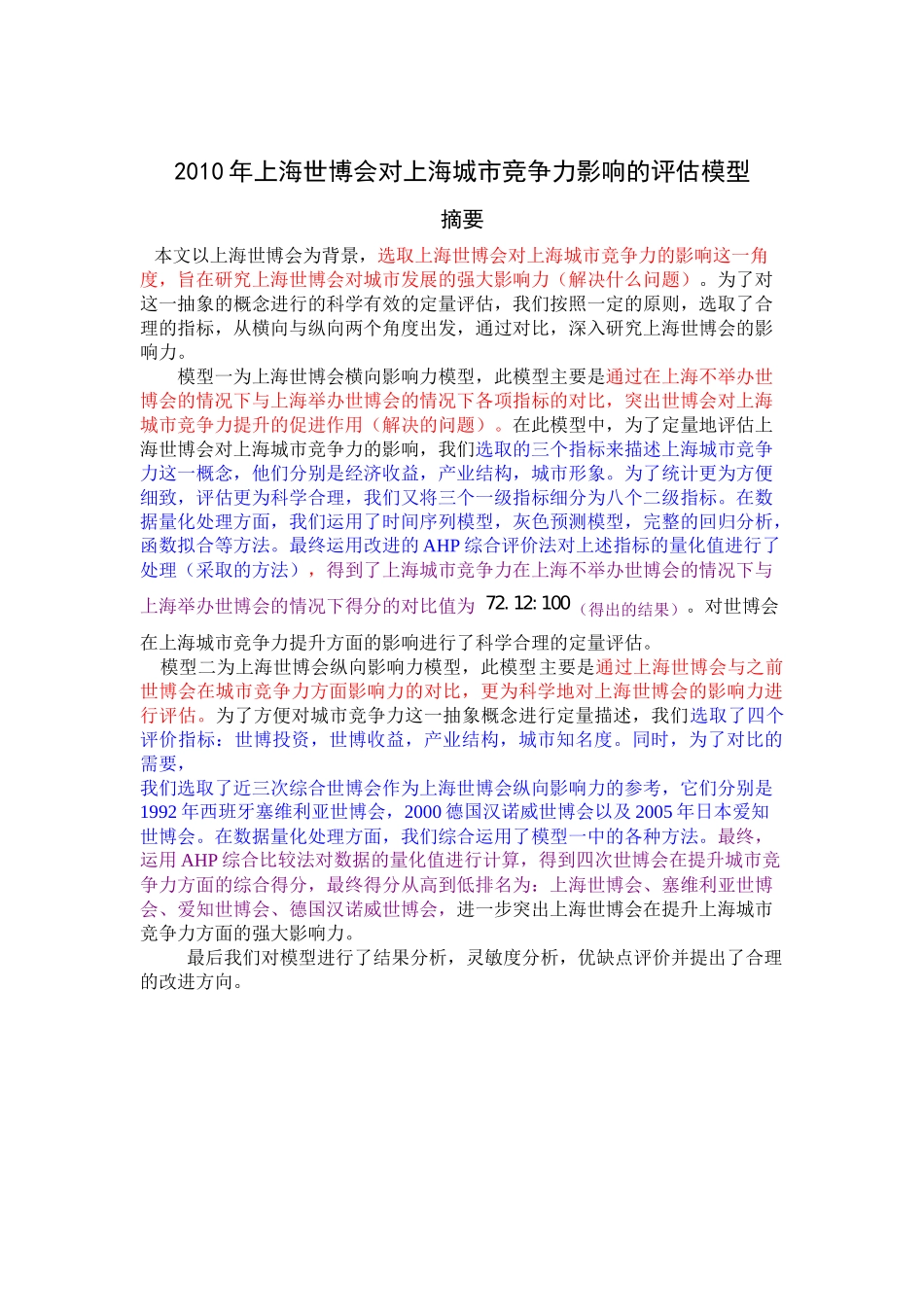 XXXX年上海世博会对上海城市竞争力影响的评估模型_优秀_第1页