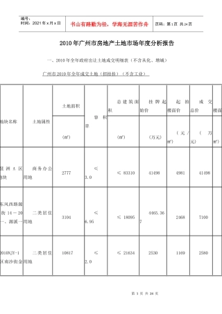 XXXX年广州市房地产土地市场年度分析报告_20页