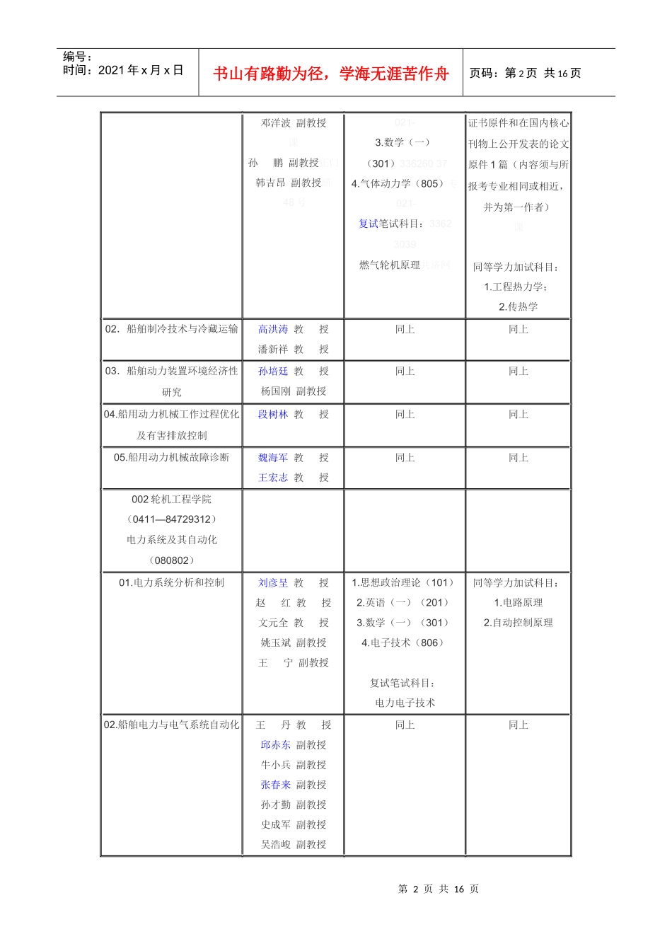 XXXX年轮机工程各校招生目录_第2页