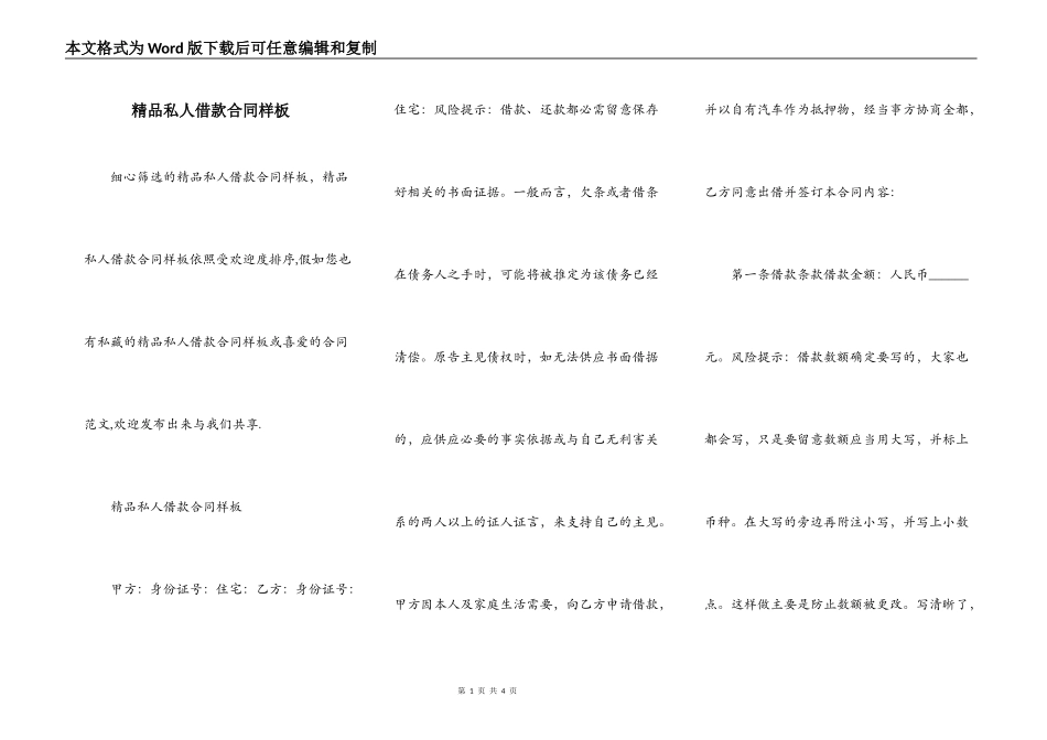 精品私人借款合同样板_第1页