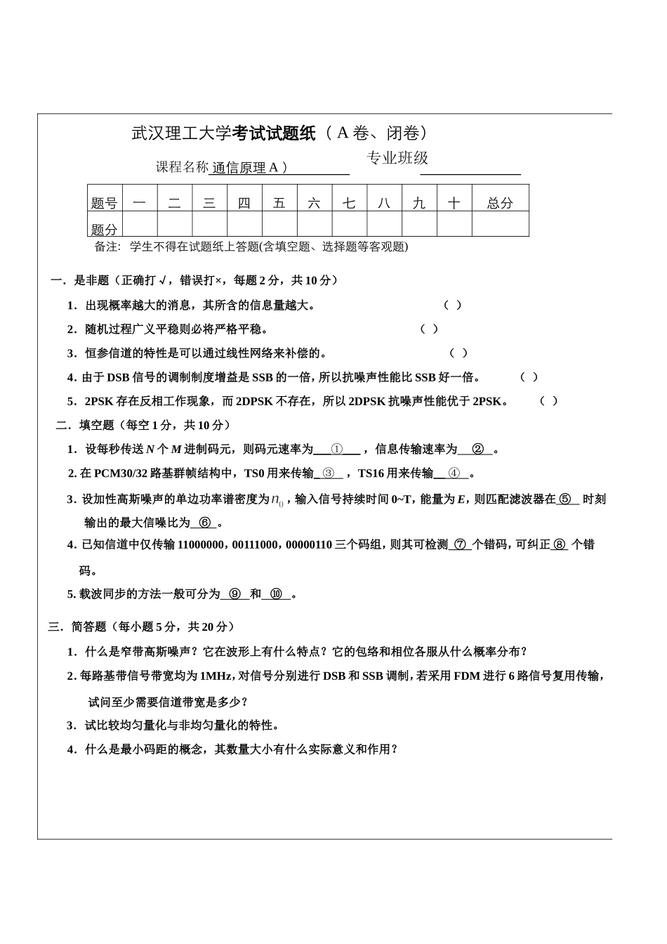 武汉理工大学通信原理考试试题_第1页