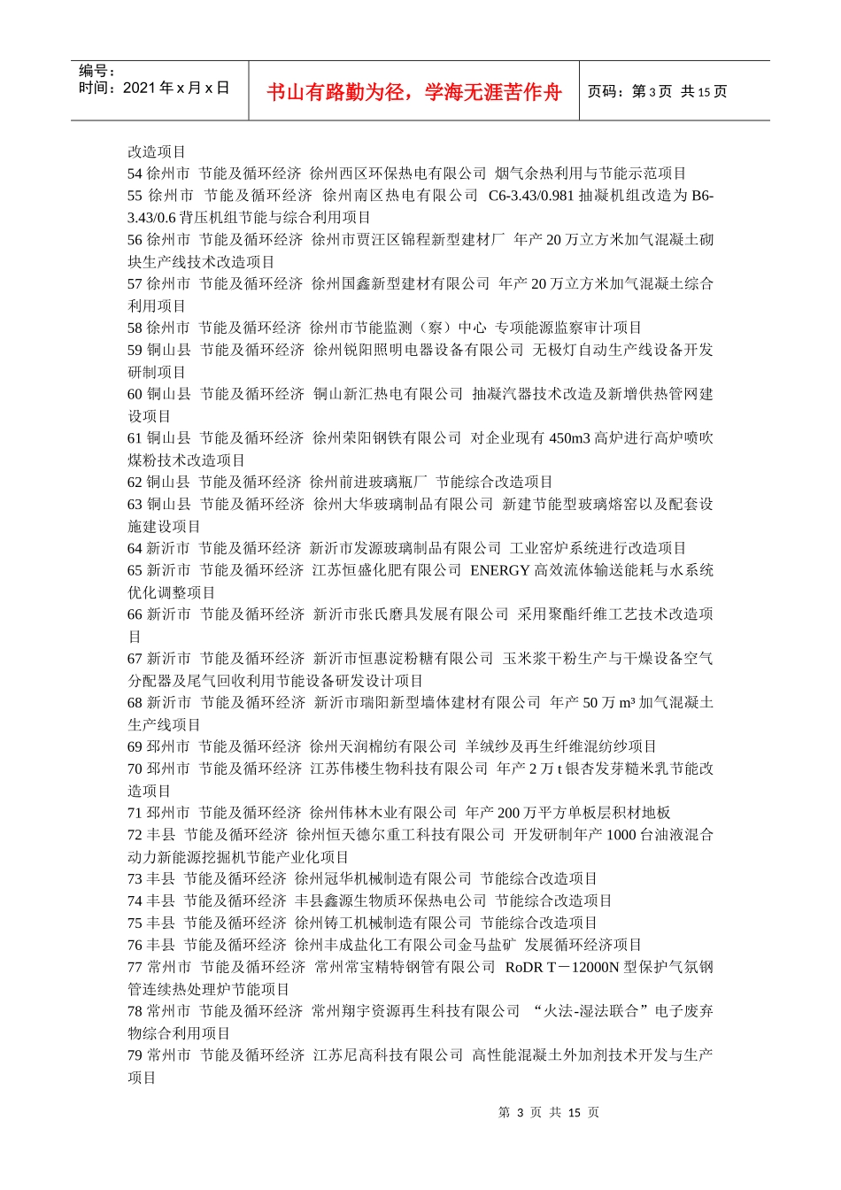 XXXX年度江苏省工业转型升级专项引导资金分配及项目汇总表--节能及_第3页