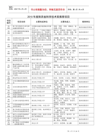 XXXX年度陕西省科学技术奖推荐项目doc-陕西省人民政