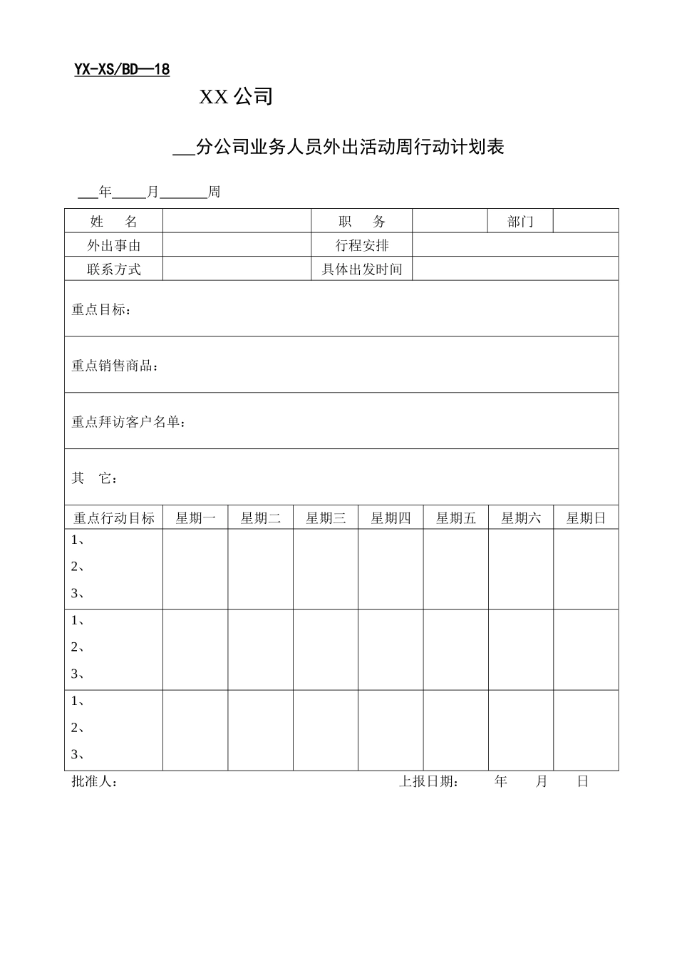 XX公司业务人员外出活动周行动计划表_第1页