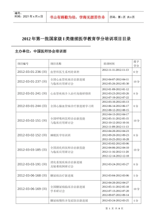 XXXX年第一批国家级I类继续医学教育学分培训项目目录