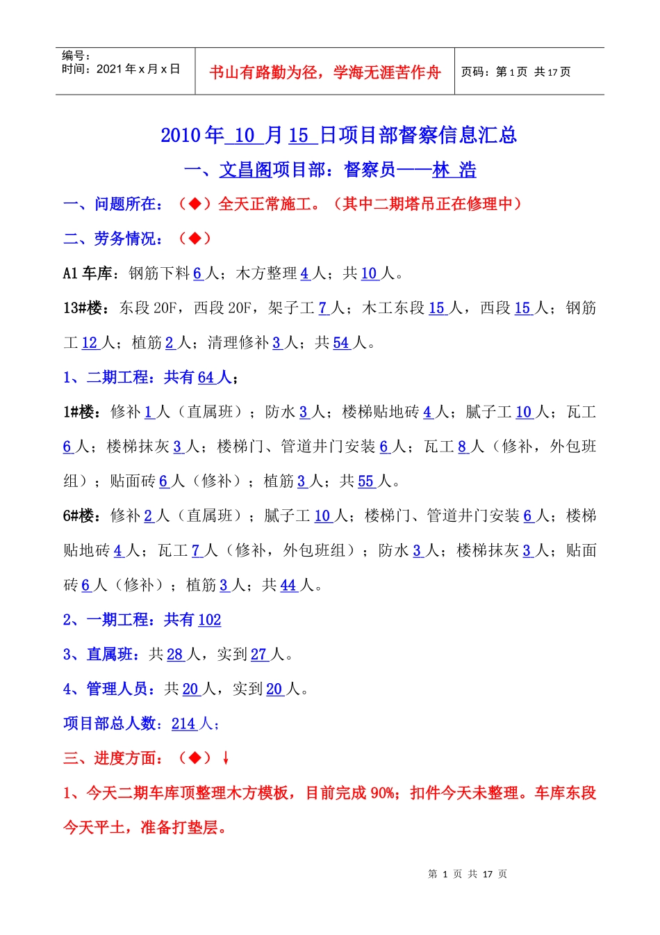 XXXX年10月15日项目部督察信息汇总_第1页