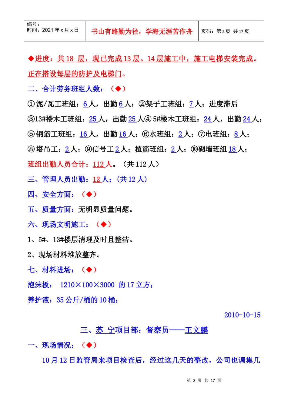 XXXX年10月15日项目部督察信息汇总_第3页