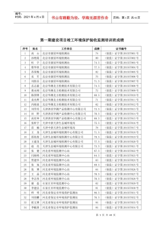 XXXX年建设项目竣工环境保护验收培训班成绩单