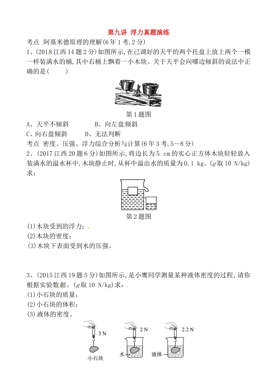 第九讲浮力真题演练测试题_第1页