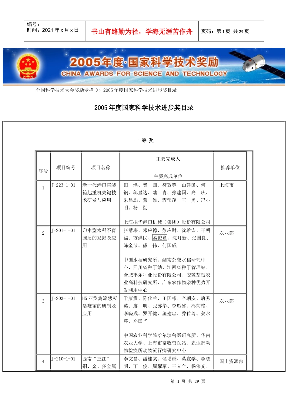 XXXX年度国家科学技术进步奖获奖项目目录_第1页