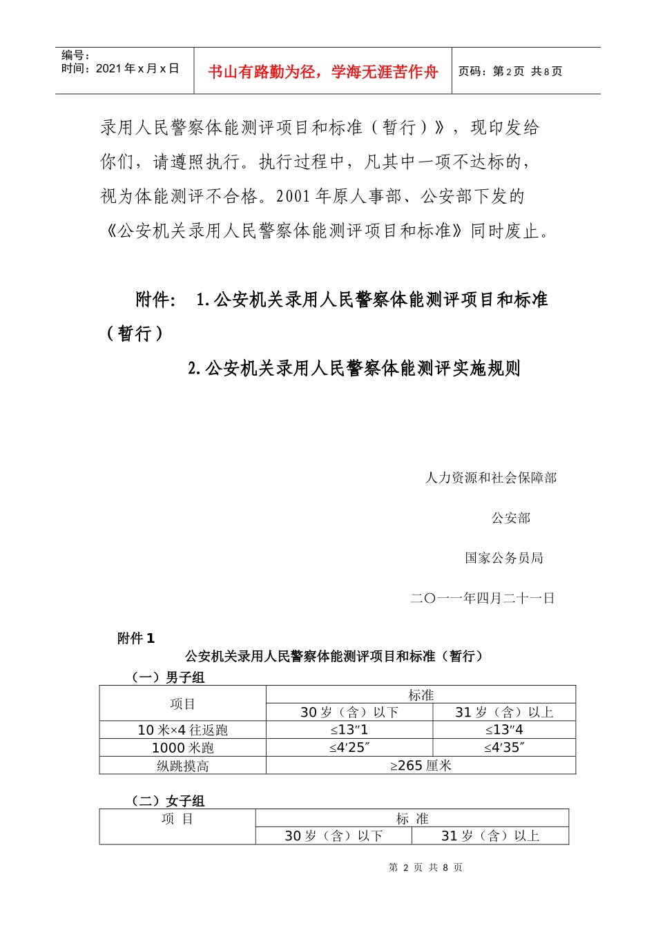 XXXX《公安机关录用人民警察体能测评项目和标准》_第2页