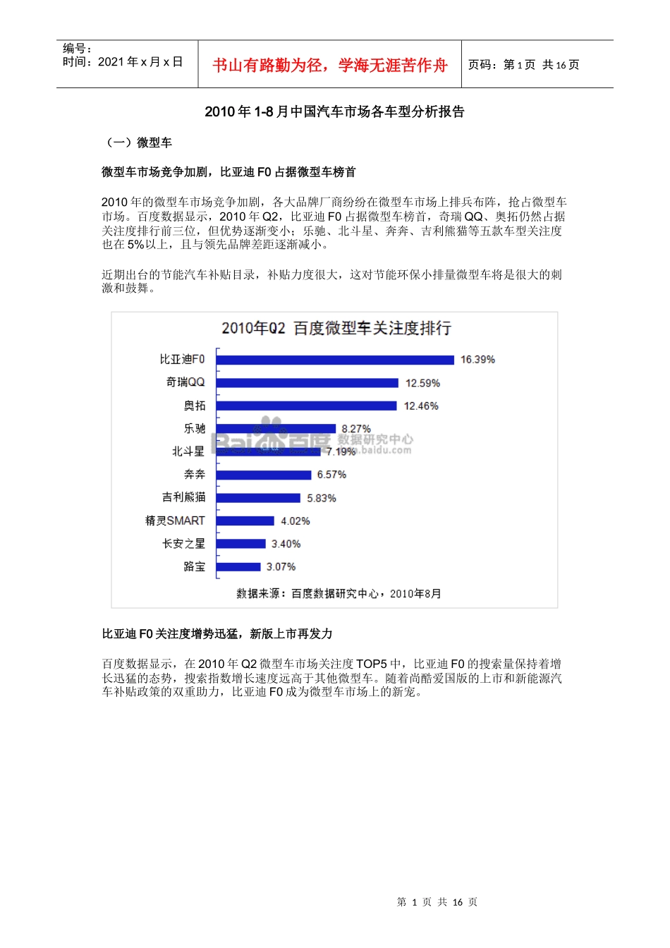 XXXX年1-8月中国汽车市场各车型分析报告_第1页