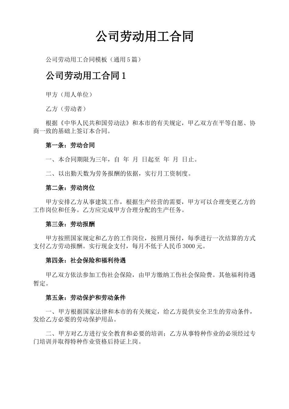 公司劳动用工合同_第1页