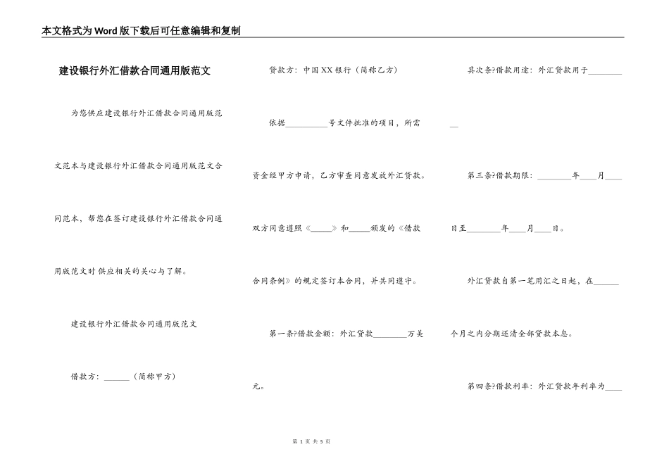 建设银行外汇借款合同通用版范文_第1页