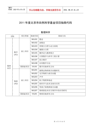 XXXX年度北京市自然科学基金项目指南代码