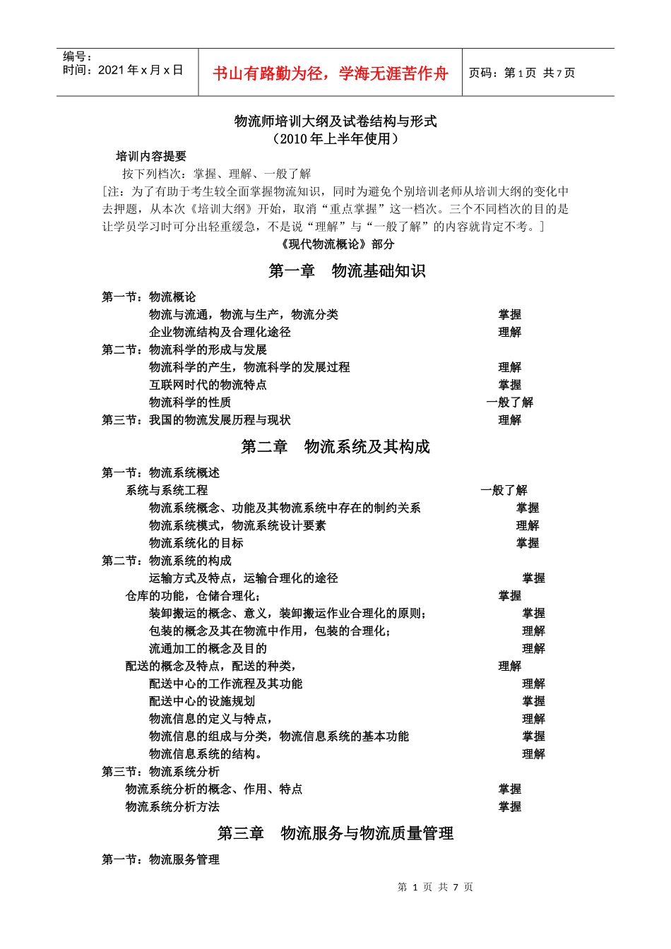 XXXX物流师培训大纲及试卷结构与形式_第1页