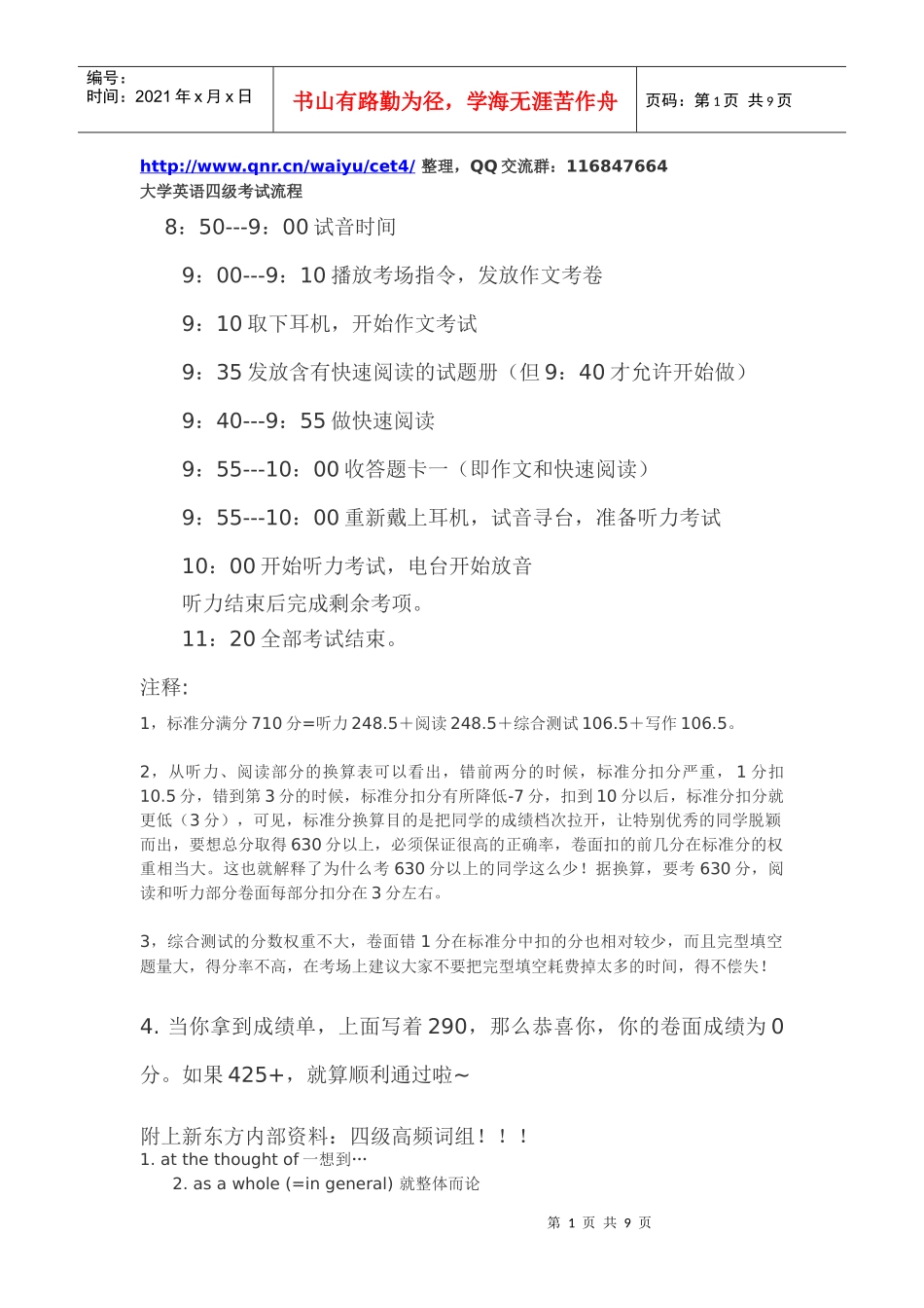 XXXX年12月大学英语四级考试时间流程及高频词汇短语汇总篇(网校资料_第1页