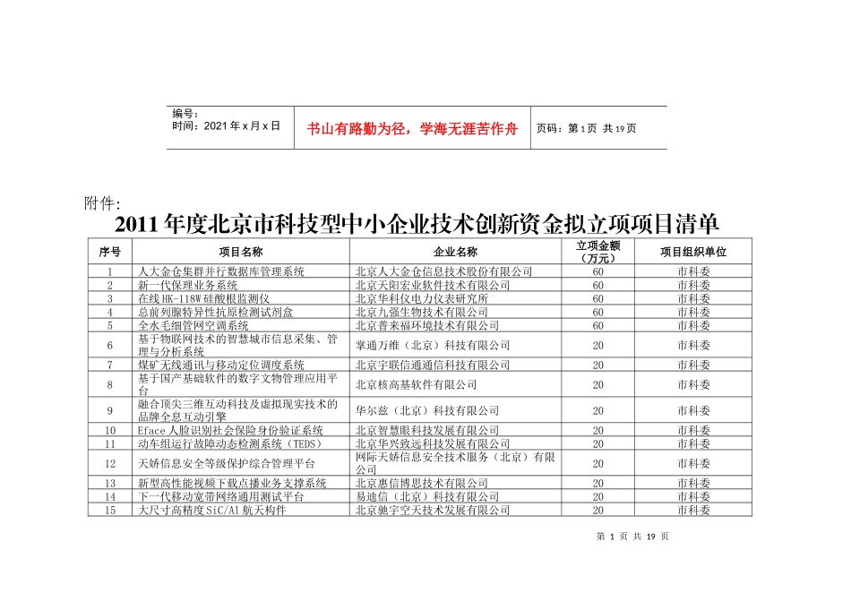 XXXX年度北京市科技型中小企业技术创新资金拟立项项目清单_第1页