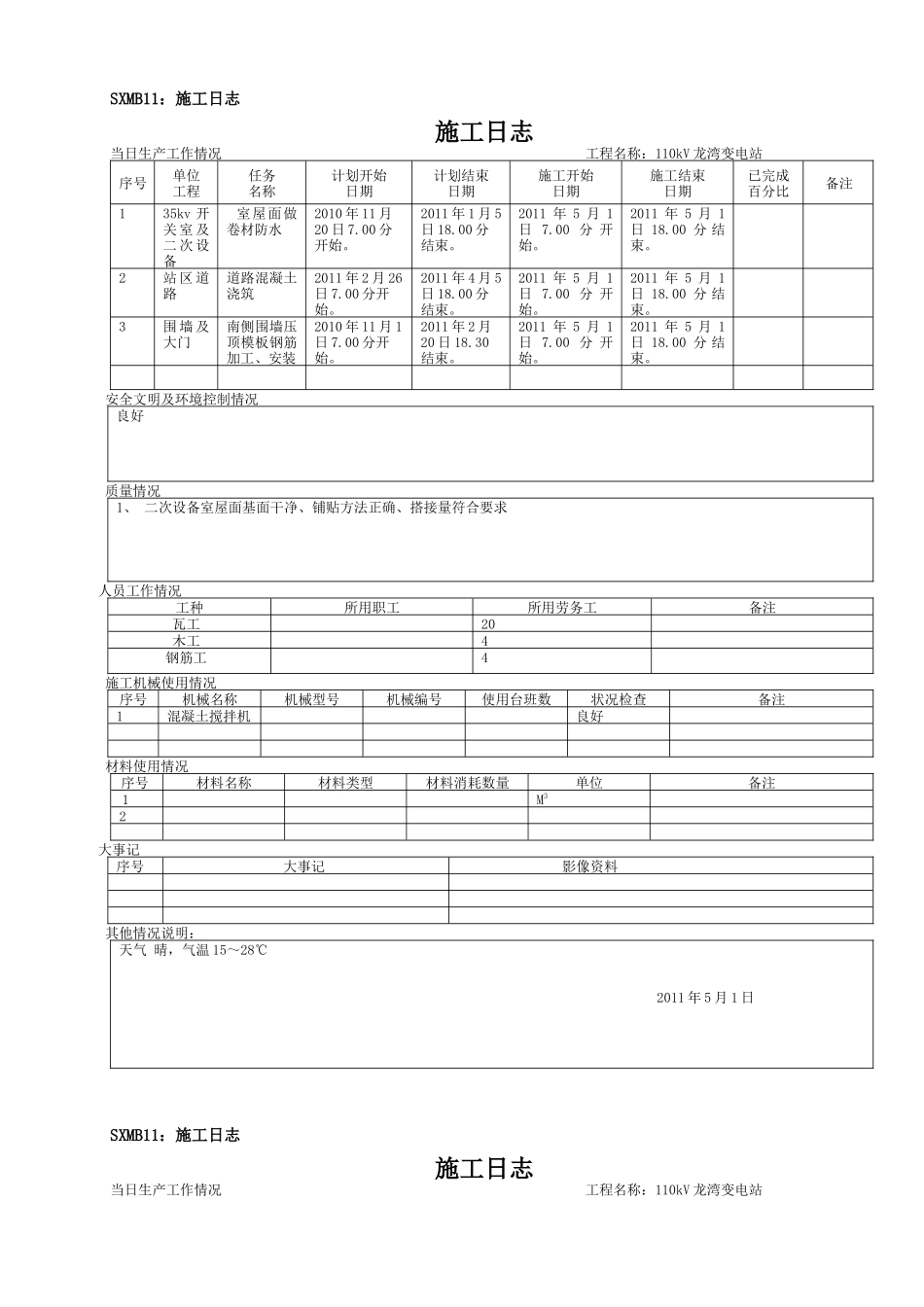 XXXX年SXMB11：施工日志(5月份)_第1页