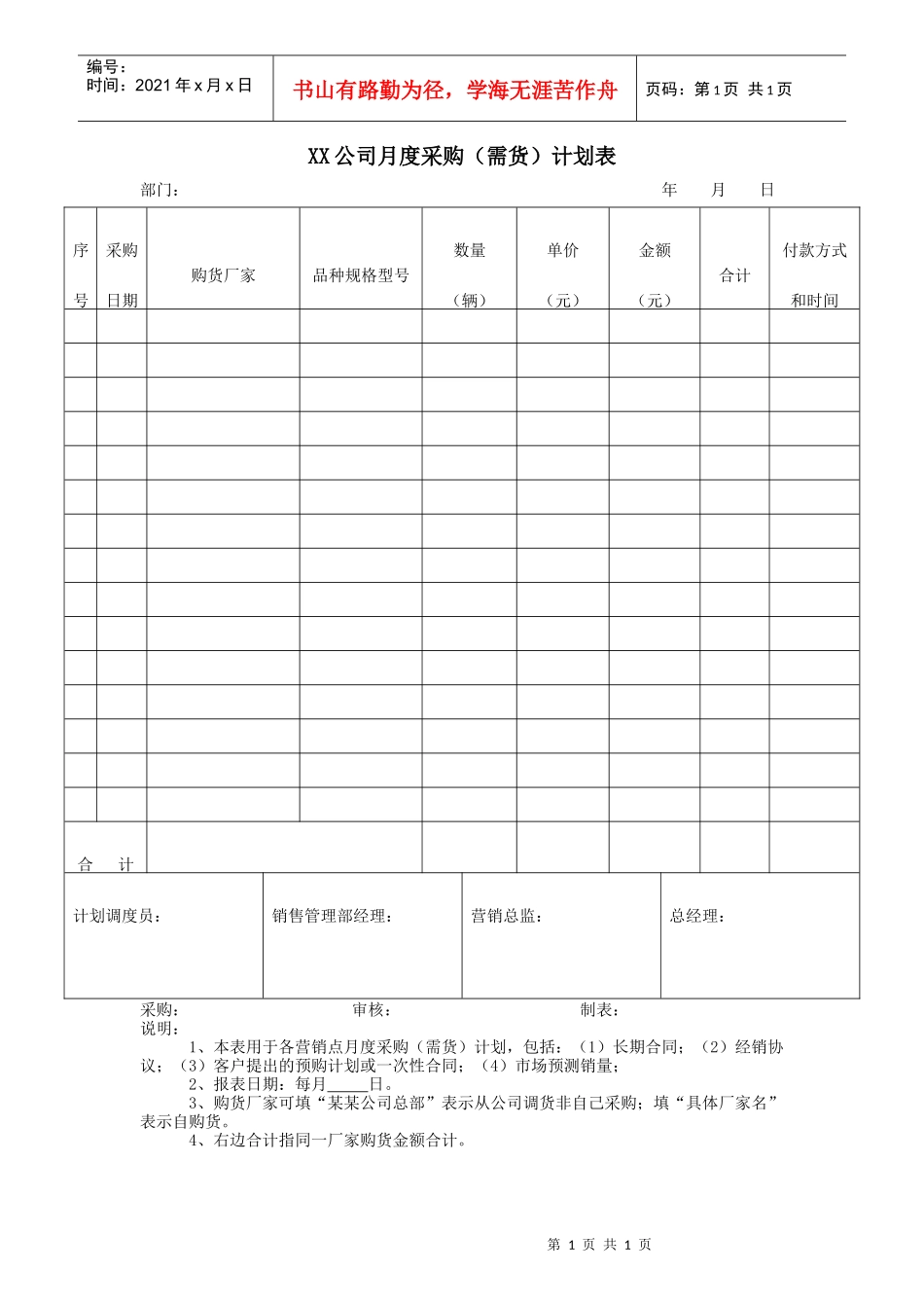 XX公司月度采购（需货）计划表_第1页