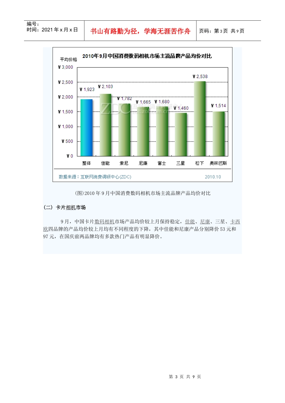 XXXX年9月中国数码相机市场价格分析报告_第3页
