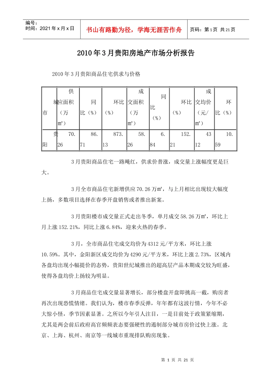XXXX年3月贵阳房地产市场分析报告_18页_第1页