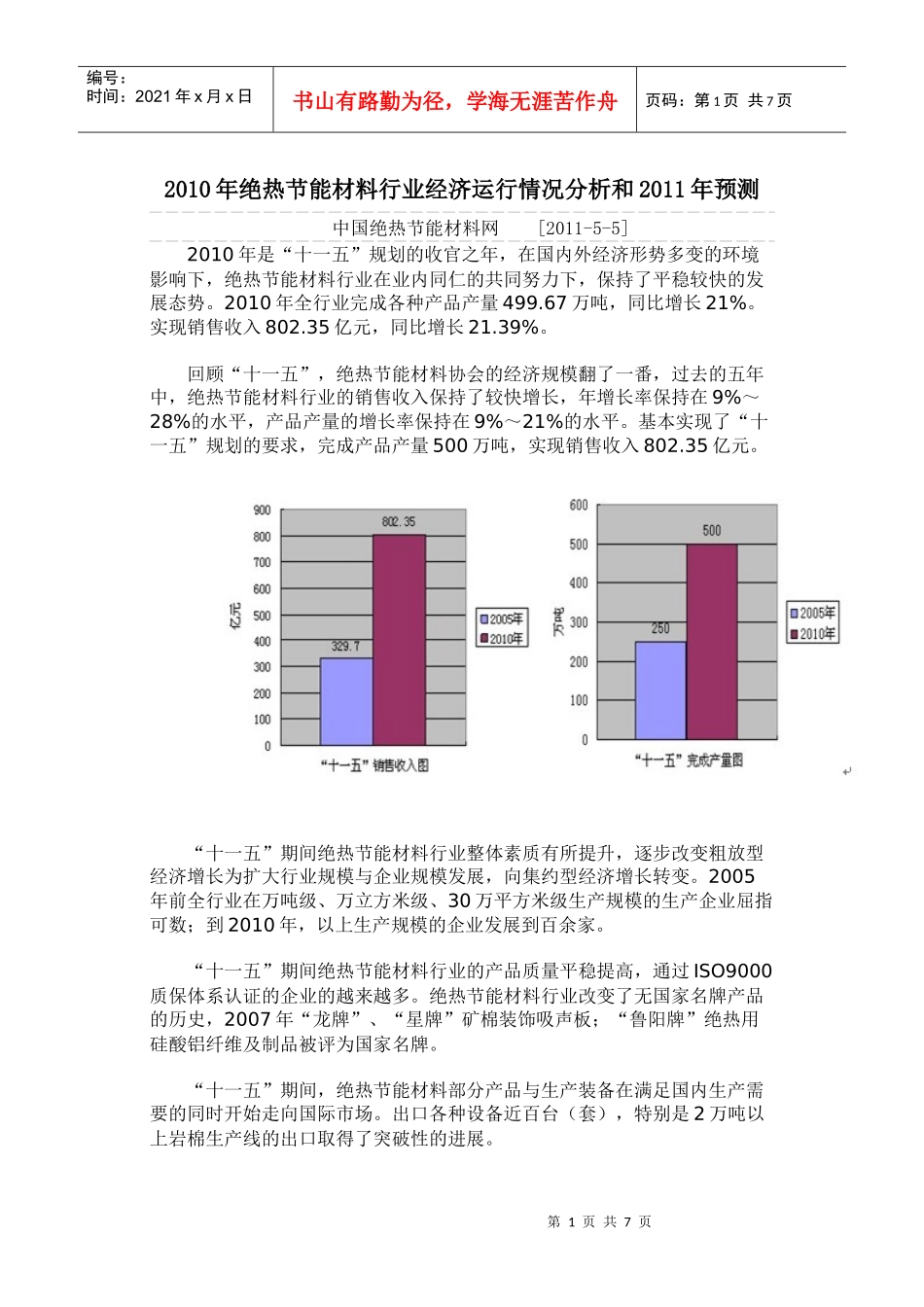 XXXX年绝热节能材料行业经济运行情况分析和XXXX年预测_第1页