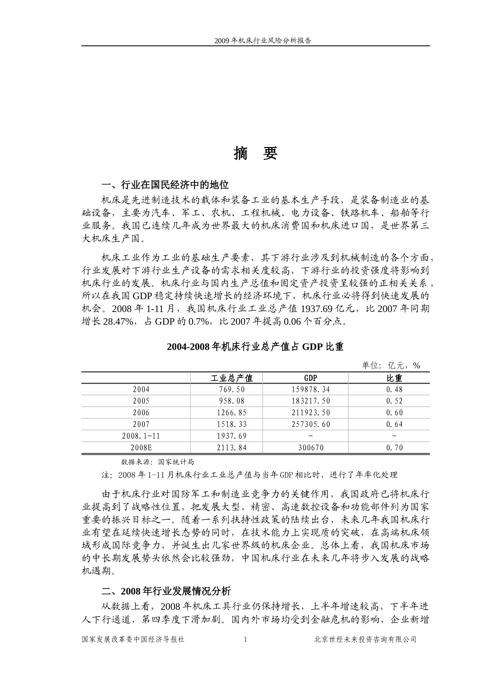 j2009年机床行业风险分析报告_第1页