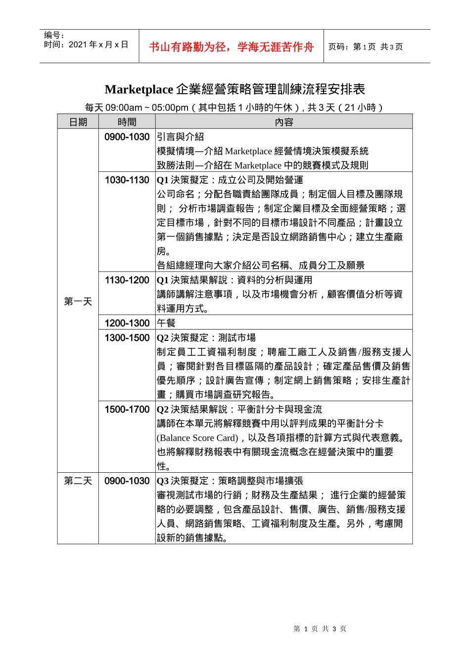 Marketplace企业经营策略管理训练流程安排表_第1页